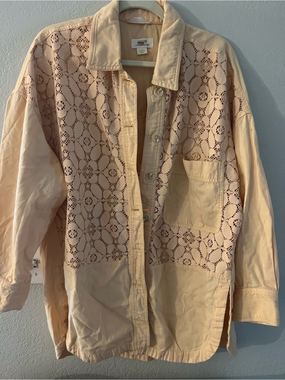 Maeve Peach Lace-Panel Button-Front Shirt